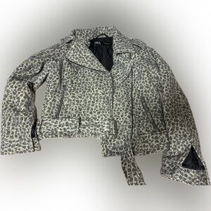 ZARA | Animal Print Belted Wool Blend Coat | Moto Zip | Size S